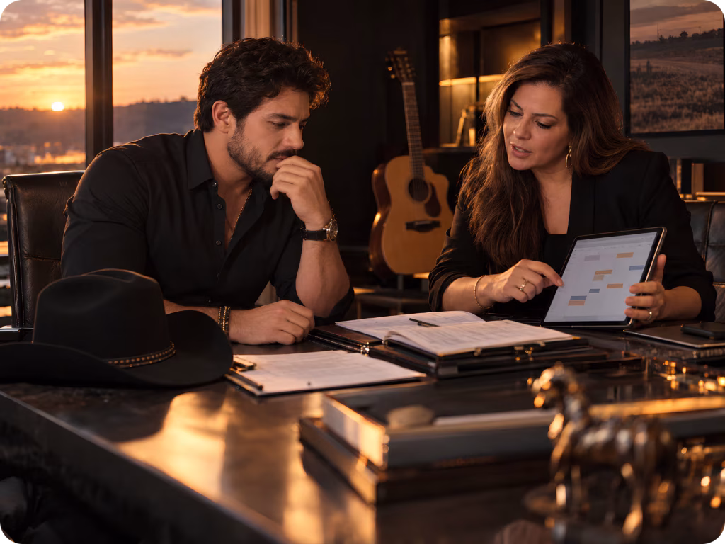 Reunião de planejamento de carreira entre artista e equipe de gestão